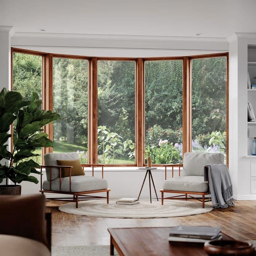Large bow windows in a living room.